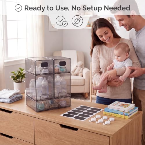 5 pack baby bottle storage organizer - clear acrylic stackable storage drawers with handles for baby bottles, kitchen countertop, pantry and vanity