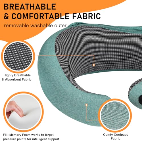 Travel Pillow - Hooded Neck Pillow Airplane Memory Foam Filling - color: Green
