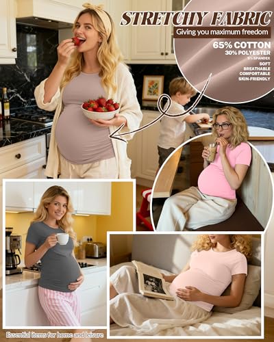 Huukeay 4 Pack Women's Short Sleeve Maternity Tops - color: Beige, Khaki, Light Pink, Dark Heather Gray, size: Small