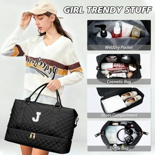Personalized Duffle Bag for girls 8-10 10-12(Black,J) - color: Black, style: J