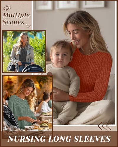 3 Pack Maternity Nursing Ribbed Long Sleeve Tops - color: Dark Gray, Green, Caramel, size: Small
