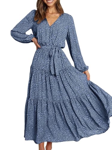 PRETTYGARDEN Womens Long Sleeve Boho Floral Wrap Maxi Dress - color: Blue, size: X-Large