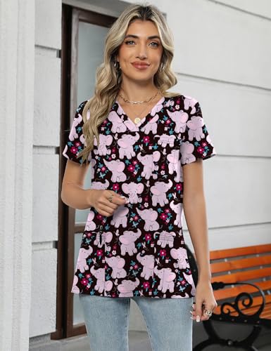 LOMON Women's V Neck Printed Scrub Top with 3 Pockets - color: Elephant, size: 3X-Large