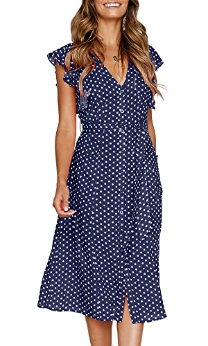 MITILLY Women's Boho Polka Dot Flutter Short Sleeve V Neck Button Down Swing Midi Dress with Pockets - color: 02 Dark Blue, size: Small