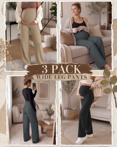 3 Pack Women's Maternity Yoga Pants with Pockets - color: Black, Dark Gray, Khaki, size: Large