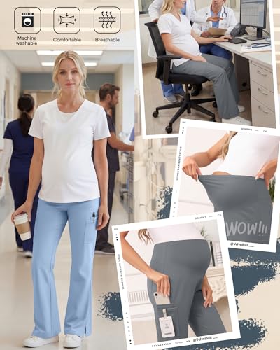 2 Pack Women's Maternity Wide Leg Cargo Scrub Pants - color: Cool Light Gray, Light Gray Blue, size: X-Large