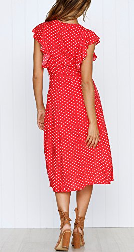 MITILLY Women's Boho Polka Dot Flutter Short Sleeve V Neck Button Down Swing Midi Dress with Pockets - color: 01 Red, size: Large