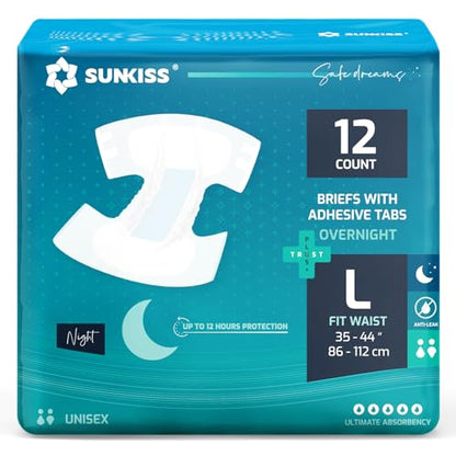SUNKISS TrustPlus Overnight Adult Diapers with Tabs, Unisex, L, 12 Count - size: Large, style: Pack of 12