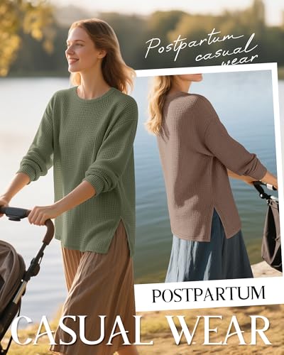 3 Pack Women's Maternity Waffle Knit Shirts - color: Army Green, Coffee, Black, size: Large
