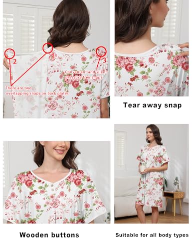 Hospital Gowns for Women Open Back Snap Post Shoulder Surgery Gown - color: Red and White Flower, size: Small
