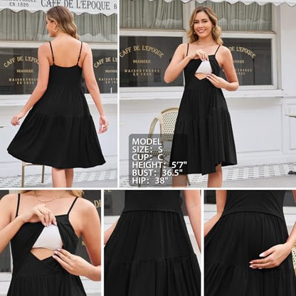 GINKANA Sleeveless Maternity Nursing Dress Summer Flowy Breastfeeding Dress - color: Black, size: Medium