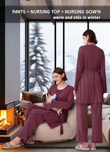 Rnxrbb 3 PCS Nursing Pajamas Robe Set Maternity Postpartum Pjs for Hospital - color: Deep Purple, size: Small