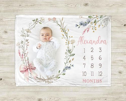 Customized Flowers Milestone Blanket, Baby Girl Personalized Wildflower Gift, Soft Wildflower Baby Photo Blanket, Floral Name Newborn Blanket - color: Wildflower#12
