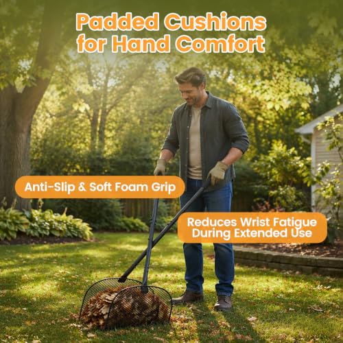 Leaf Grabber Rake with Long Handle, Heavy Duty Metal Leaf Picker Upper and Grass Collector, Upright Lawn Debris Pickup Tool with Upgraded Lock Nuts for Yard Cleanup, No Bending Over