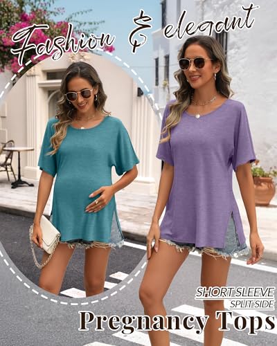 Riyiper 3 Pack Women's Maternity Tunic Cotton Shirts - color: Blue Green, Purple, Coffee Grey, size: Large