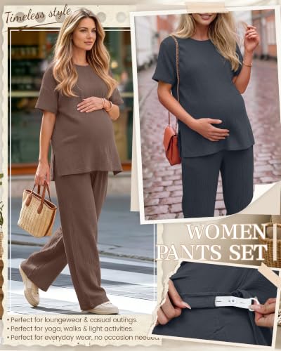 Ficerd 4 Pcs 100% Cotton Muslin Maternity Pajamas Lounge Sets - color: Dark Blue, Light Brown, size: Medium