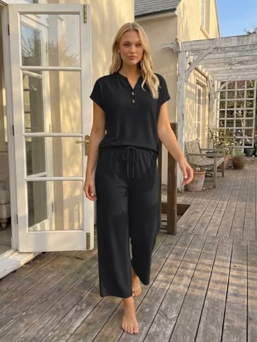 LILLUSORY Women's 2 Piece Lounge Travel Outfit - color: Black, size: Medium