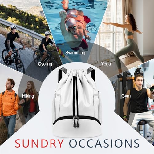 PinCute Gym Bag Drawstring Backpack for Sports, Swim, Workout, White - color: White