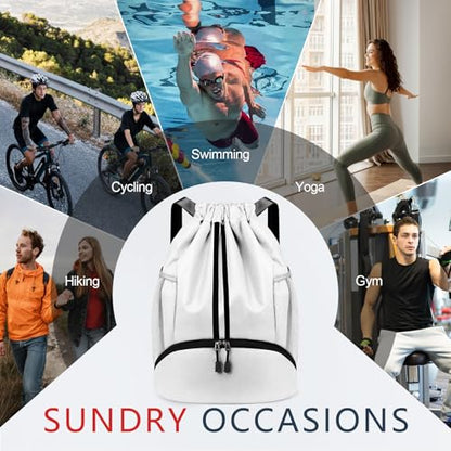 PinCute Gym Bag Drawstring Backpack for Sports, Swim, Workout, White - color: White