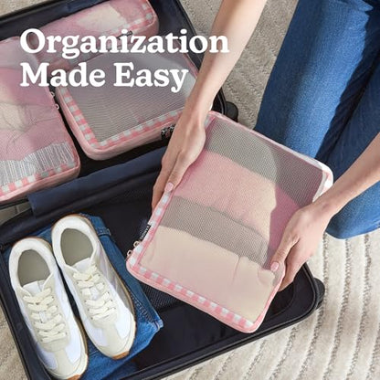 Vandel Space-Saving Compression Packing Cubes for Kids & Women, Carry On - color: 4. Pink Gingham, size: 4 Pack (Compression)