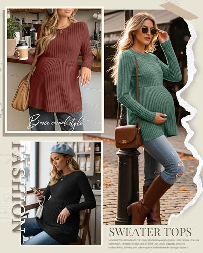 3 Pack Maternity Sweaters Long Sleeve Ribbed Shirts - color: Brick Red, Sapphire Green, Black, size: X-Large