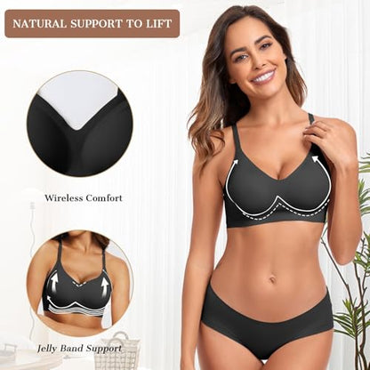 OEAK Womens Wireless Jelly Bras Comfortable Gel Bra Everyday Tshirt Bras - color: Black, size: Medium