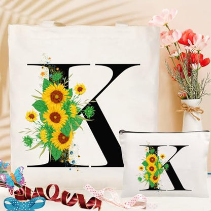 Andeiltech Initial Canvas Tote Bag Sunflower Letter Personalized Makeup Bag Monogrammed Gift for Bridesmaids Birthday Wedding - color: Sunflower Letter_k