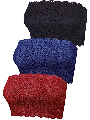 Boao 3 Pcs Lace Tube Bandeau - color: Black, Navy Blue, Wine Red, size: Medium