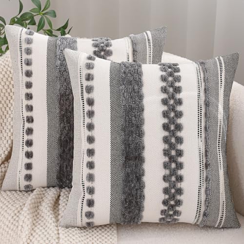 Boho Throw Pillow Covers Neutral Farmhouse Pillow Case Gray - color: Gray Stripe, size: 18" x 18" (Pack of 2)