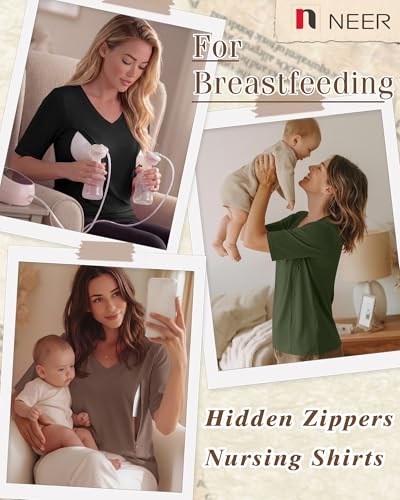 Neer 3 Pack Women's Nursing Shirts Breastfeeding Tops - color: Army Green, Coffee, Black, size: Medium