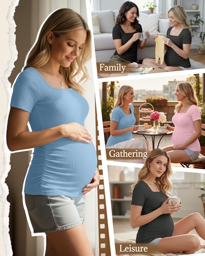 Huukeay 4 Pack Women's Short Sleeve Maternity Shirts - color: Black, Dark Gray, Light Blue, Pale Pink, size: Small