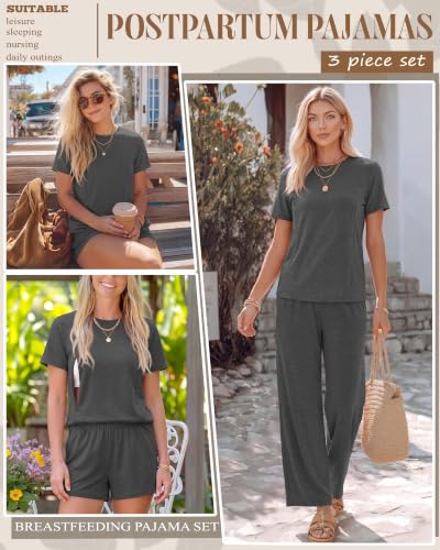 3 Piece Postpartum Nursing Pajamas Set Nursing Lounge Set - color: Dark Gray, size: Large