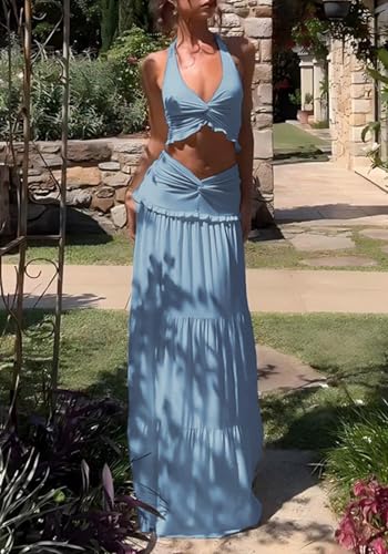 Famnbro Womens 2 Piece Skirt Sets Y2k Halter Top Flowy Ruffle Maxi Skirts - color: Blue, size: Large
