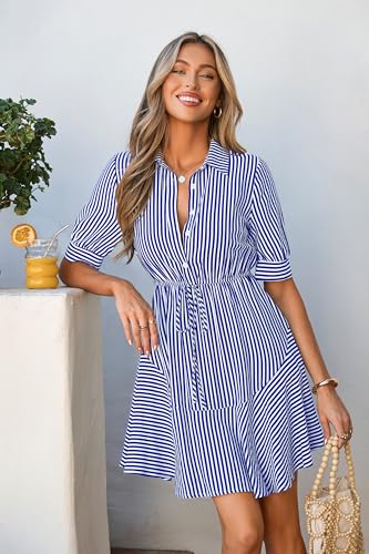 MASCOMODA Womens Striped Mini Summer Dress Button Work Dresses - color: Striped Blue, size: X-Large