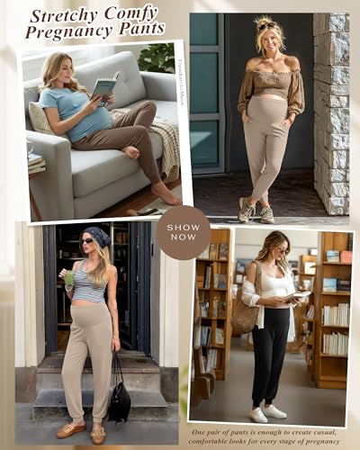 3 Pack Women's Maternity Pants Pregnancy Joggers - color: Apricot, Light Brown, Black, size: Medium