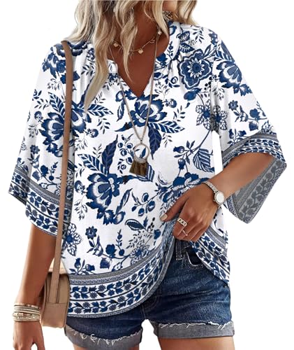 WIHOLL Boho Tops for Women Summer Spring 3/4 Sleeve Dressy Fashion V Neck Casual 2026 Business Beach Plus Size Resort Blouses - color: Ethnic Floral, size: Large