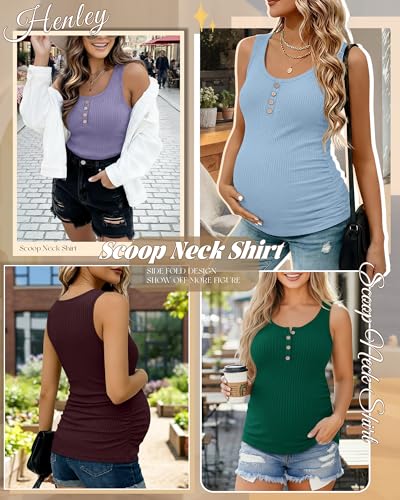 4 Pack Maternity Henley Tank Tops - color: Dusty Blue, Lavender, Dark Green, Dark Brown, size: Small