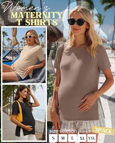 Ficerd 3 Pack Women's Maternity T Shirts - color: Black, Coffee, Apricot, size: Large