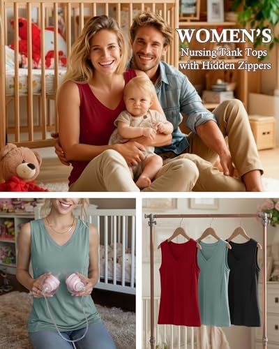 Ficerd 3 Pack Women's Nursing Tank Tops - color: Black, Dusty Green, Red, size: Large