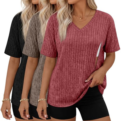 Huukeay 3 Pack Women's V Neck Nursing T-Shirts - color: Red, Light Coffee, Black, size: Small