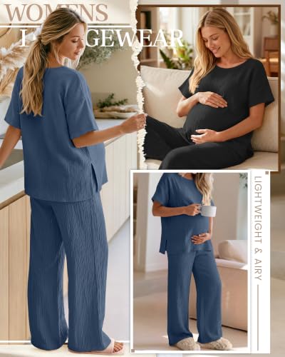 Ficerd 4 Pcs 100% Cotton Muslin Maternity Pajamas Lounge Sets - color: Blue, Black, size: Small