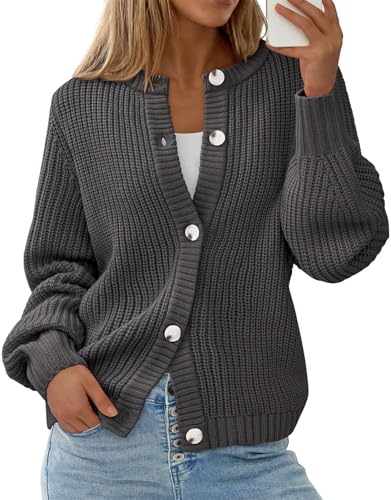PRETTYGARDEN Women's Chunky Knit Button Up Cardigan Sweaters Outerwear - color: Grey, size: Large