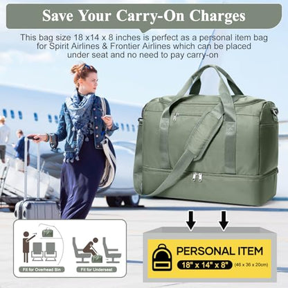 Travel Duffel Bag,Carry-On Overnight Weekender Bags with Shoes Compartment - color: Olive Green, size: Small