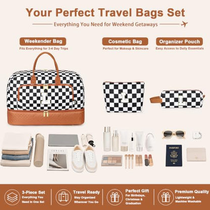 TIBES Gift for Her, Weekender Bag for Women Initial Travel Duffle Bag - color: Black & White Checkerboard, style: L
