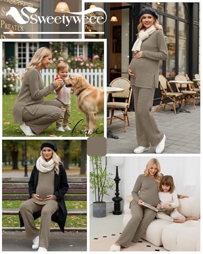 Women's 2 Piece Maternity Ribbed Pajama Outfit - color: Coffee, size: Large