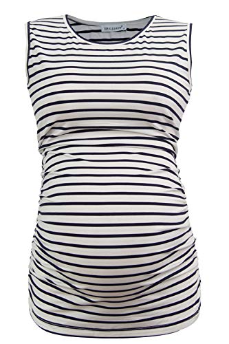 Smallshow Women's Maternity Tank Tops Sleeveless Ruched Pregnancy Clothes 3-Pack - color: Black/Light Grey/White Stripe, size: Medium