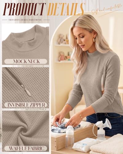 Huukeay 4 Pack Women's Long Sleeve Waffle Nursing Shirts - color: Apricot, Oatmeal, Brown, Black, size: Large