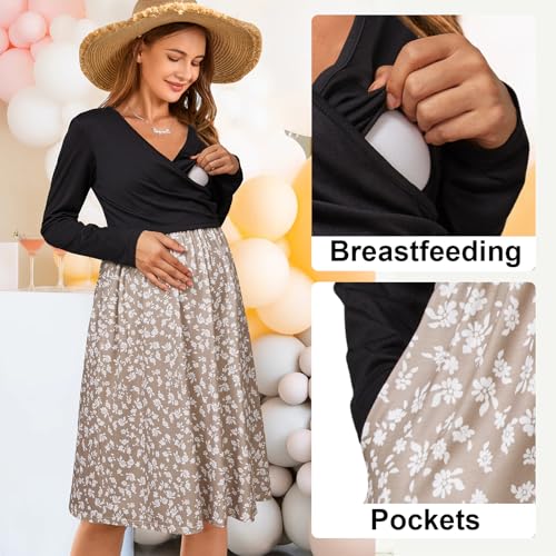 OUGES Women's Nursing Breastfeeding Pocket Fall Baby Shower Maternity Dress - color: Floral J, size: X-Large