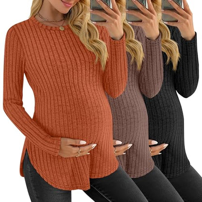 3 Pack Maternity Shirts Pregnancy Sweaters Tunic Tops - color: Pumpkin, Camel, Black, size: Large