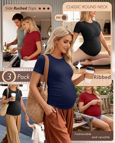Ficerd 3 Pack Women's Short Sleeve Maternity Shirts - color: Black, Navy Blue, Burgundy, size: Large